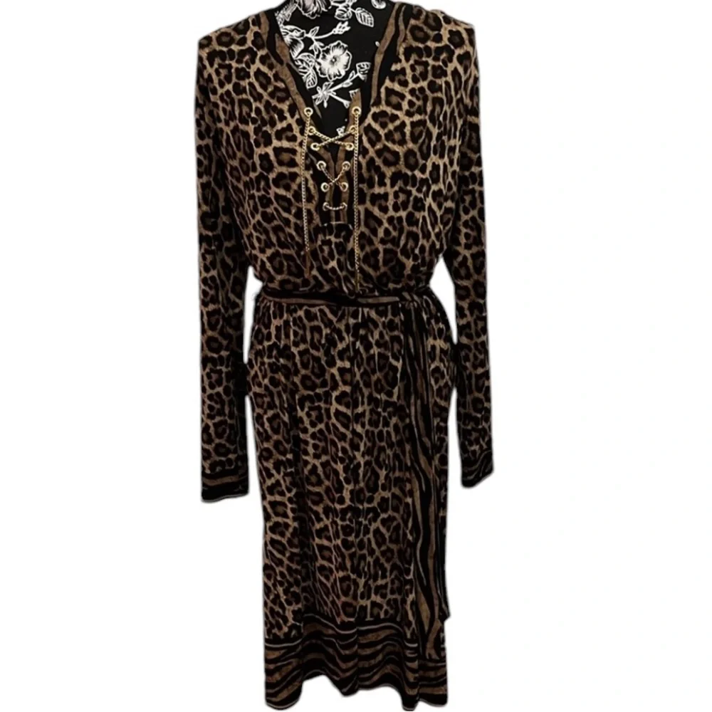 Micheal  Kors size XL black leopard print dress gold chain detail optional belt